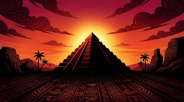 Ancient Mayan pyramid silhouette standing in a tropical jungle landscape during a beautiful vibrant orange sunset