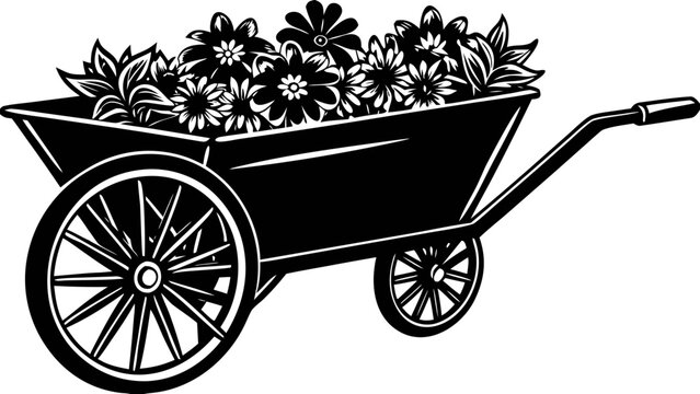 Vintage Wooden Garden Wheelbarrow Loaded with Blooming Flowers Black Silhouette Vector Icon Isolated on White Background
