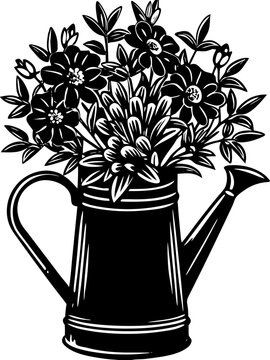 Vintage Watering Can Filled with Blooming Flowers Bouquet Black Silhouette Vector Icon Isolated on White Background