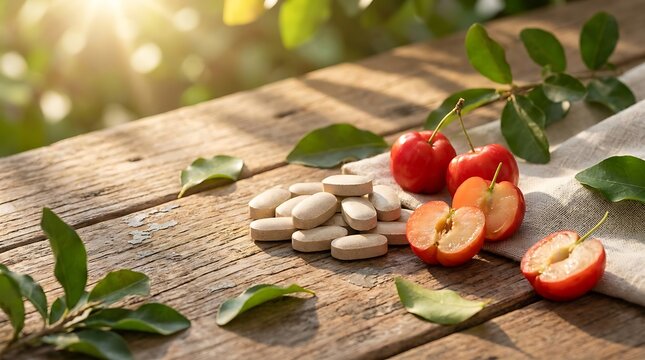 Fresh red apples and herbal health supplement pills on a rustic wooden table in a sunny outdoor garden setting. organic acerola tablets