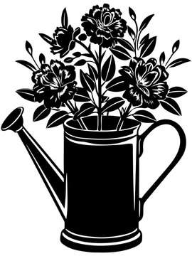 Vintage Watering Can Filled with Blooming Flowers Bouquet Black Silhouette Vector Icon Isolated on White Background