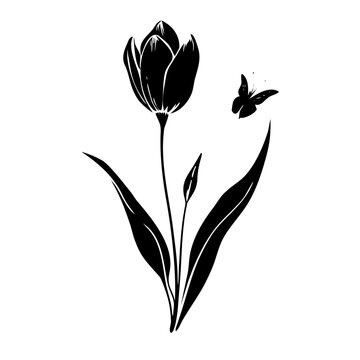 Tulip Flower and Butterfly Black Silhouette Vector Art
