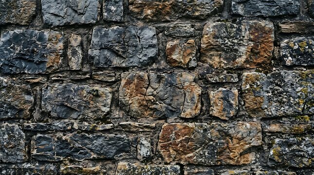 Old dark grey stone wall texture with rough rocks and cracks for a rustic building exterior surface background design