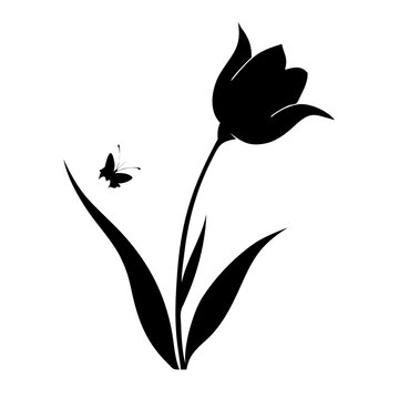 Tulip Flower and Butterfly Black Silhouette Vector Art