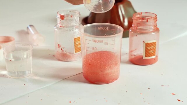 Child adds water to chemical reagents. Children's chemical experiment Volcano. Effervescent reaction of soda and citric acid and water. Children's toy, experiment, learning, orange, red.