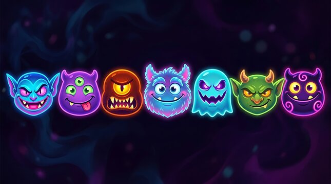 Set of colorful cute monster faces with funny expressions and glowing neon outlines for halloween party decorations
