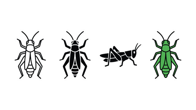 Set of grasshopper icons featuring various styles and colors isolated on white