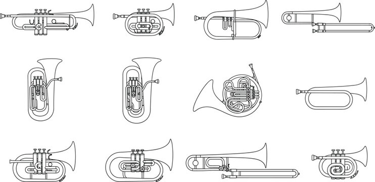 Black outline brass musical instruments set with trumpet trombone French horn tuba