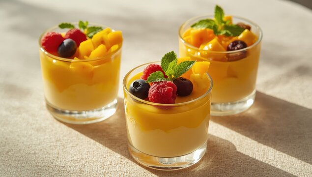Tasty mango panna cotta topped with fruit and mint in glasses on a beige table, close-up.