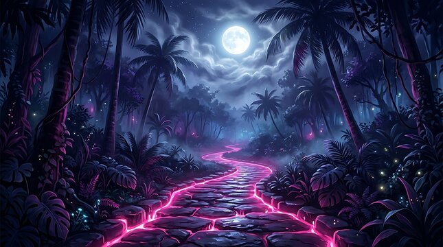 Glowing pink lava path flowing through a dark tropical jungle under a bright full moon in the night sky
