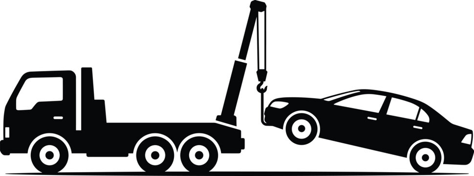 Black vector silhouette illustration of a tow truck lifting and towing a disabled sedan car on a flatbed.