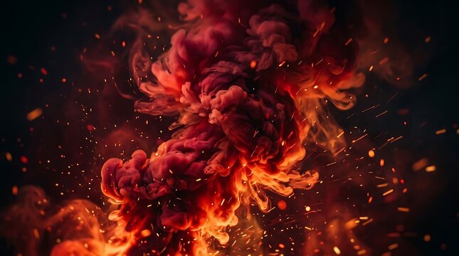 Bright orange fire flames burning with glowing sparks and heat embers rising up into the dark night sky texture