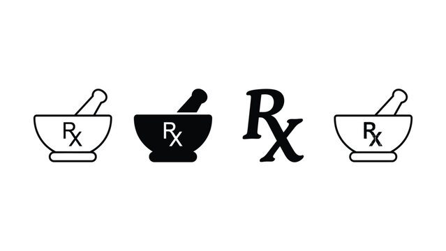 Set of medical mortar and pestle icons with pharmacy rx symbol