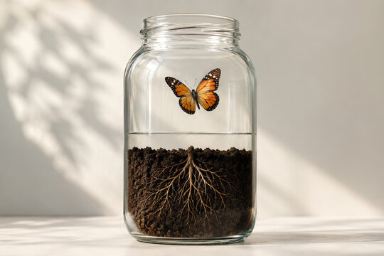 A clear glass jar contains a single butterfly resting on dark brown soil, symbolizing transformation and emergence from the ground.