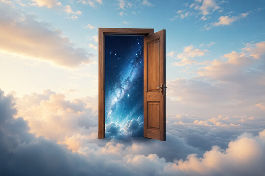 A surreal image depicts a wooden door opening to a starry night sky, creating a visual metaphor for exploration and the unknown.