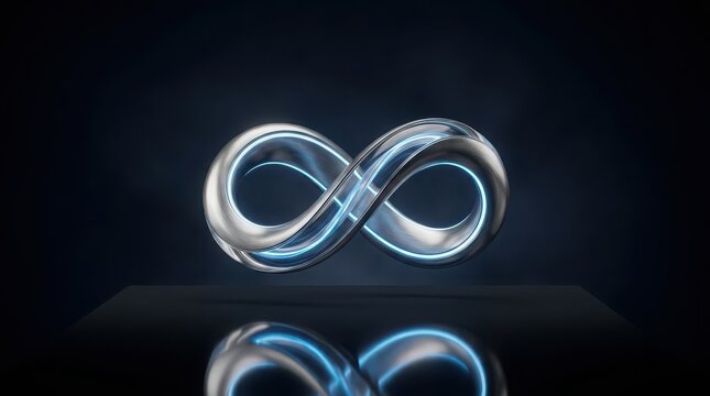 Metallic Infinity Symbol with Blue Neon Light Edges on Dark Reflective Surface loop endless