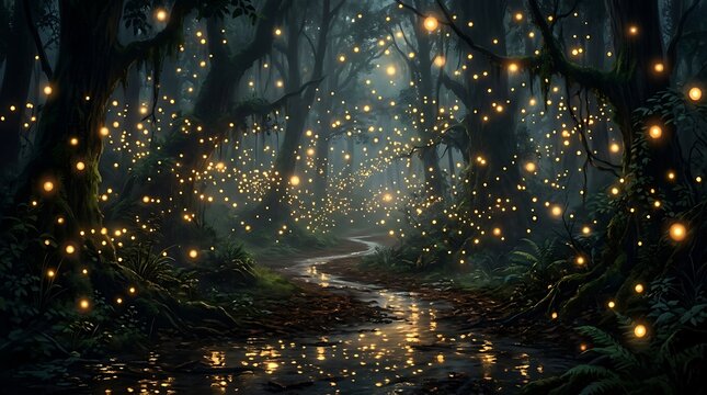Many glowing fireflies flying in a dark magical forest at night with soft lights and a peaceful atmosphere