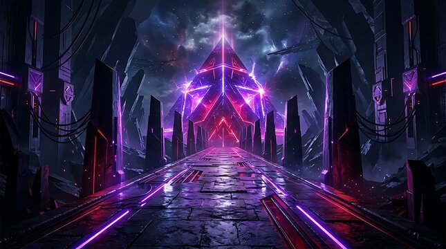 Futuristic neon tunnel with glowing purple and pink lights reflecting on a dark wet floor in a sci-fi space