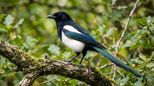 A beautiful black and white magpie bird perched on a mossy tree branch in a lush green forest during the daytime