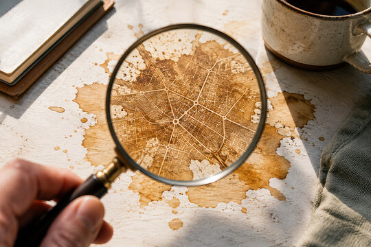 A close-up view of a hand holding a magnifying glass over a surface stained with coffee, showcasing a detailed stain pattern.