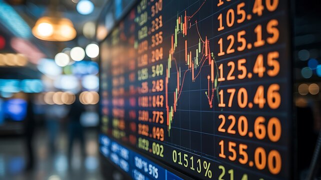 Display monitor shows fluctuating stock market numbers in an office.