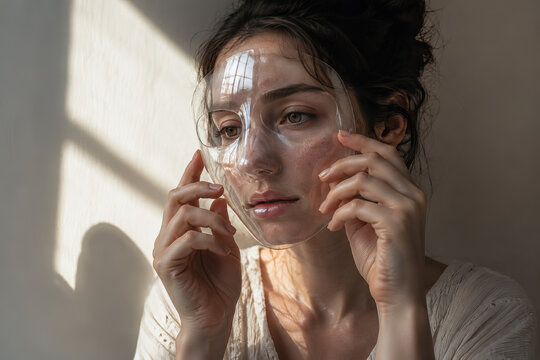 A close-up portrait of a person with a transparent mask, featuring dark hair and visible wrinkles, gently resting their hands on their face, evoking contemplation and introspection.