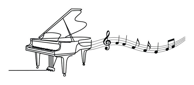L&iacute;nea continua de un piano de cola con notas musicales y pentagrama