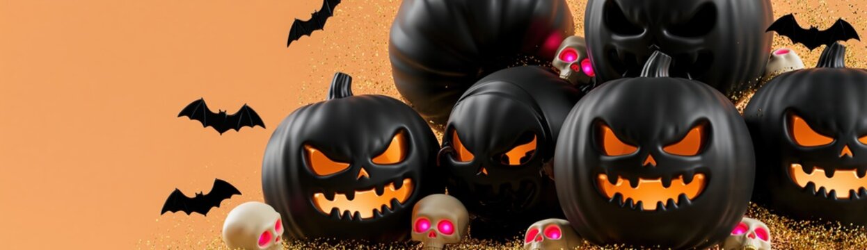 Spooky Matte Black Jack O Lantern Cluster with Glowing Eyes, Neon Skull Accents and Bats on Minimal Orange Background