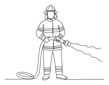 L&iacute;nea continua de un bombero sosteniendo una manguera de agua