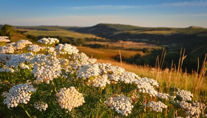 Obraz premium Cluster Of Delicate White Yarrow Flowers Blooming In A Sunlit Meadow With Rolling Hills In Background
