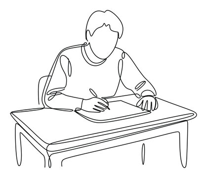 Dibujo continuo de un estudiante escribiendo en un escritorio