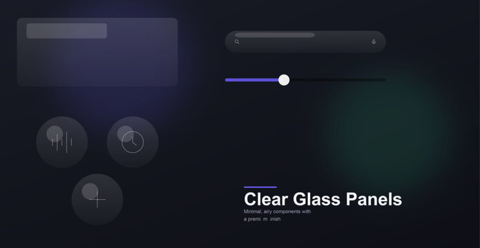 Clear glass panel UI kit mockup with slider and button elements, glassmorphism dark interface design for mobile app and dashboard template collection
