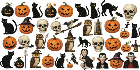 Fototapeta premium Collection of vintage halloween stickers featuring carved pumpkins black cats skulls owls witches and vampires on a white background