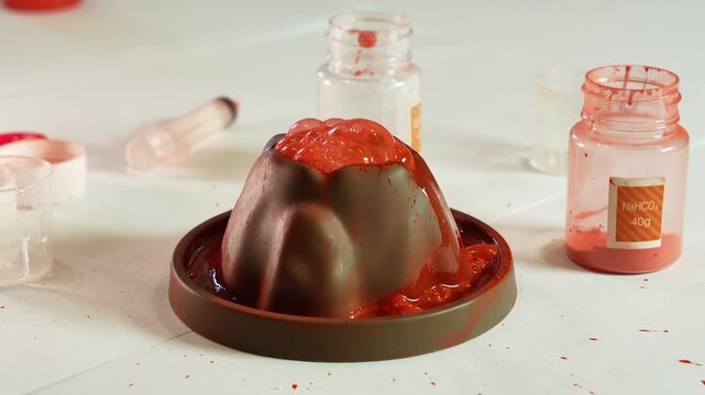 Chemical experiment Volcano. Effervescent reaction of soda and citric acid and water. Children's toy, experiment, learning, orange, red.