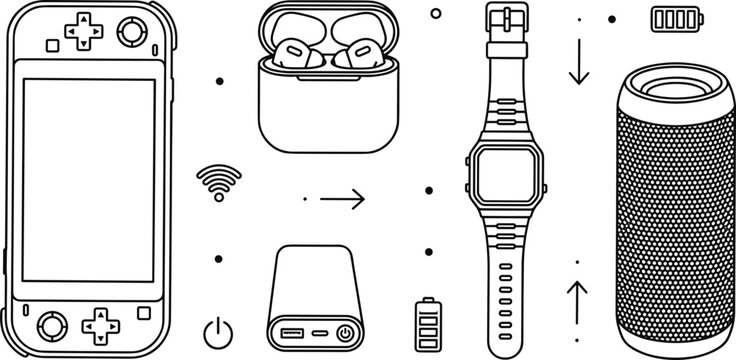 Portable Electronic Gadget and Tech Accessory Icon Set with Handheld Gaming Console Wireless Earbuds Smartwatch Power Bank Bluetooth Speaker