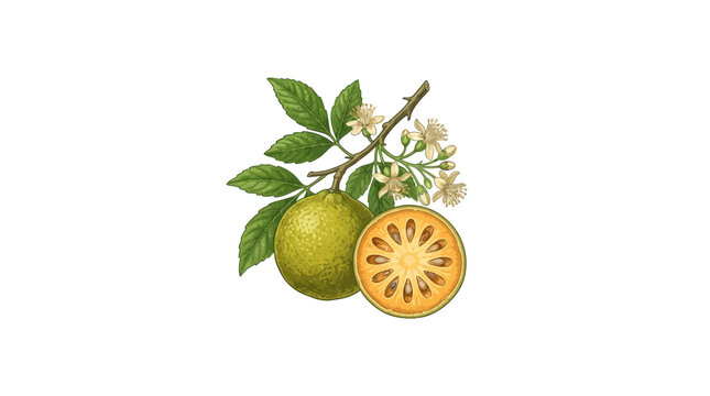 Watercolor illustration of whole and sliced Bael fruit with leaves and flowers.
