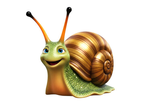 Animated cartoon snail character with big eyes and colorful shell smiling happily on transparent background fun character.