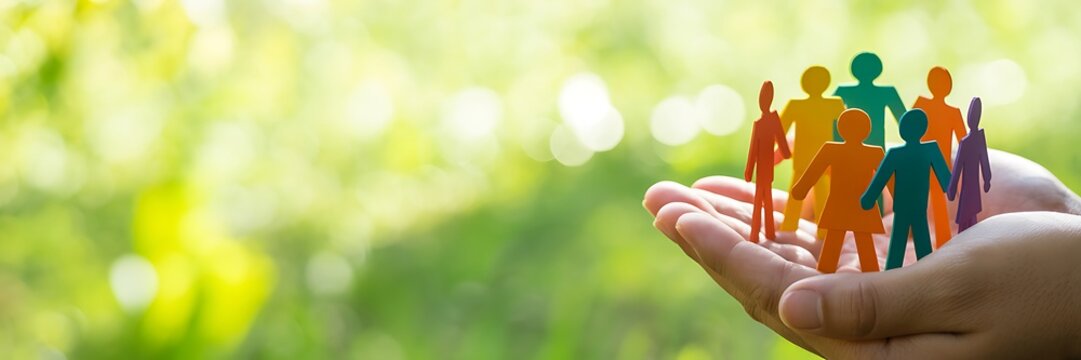 Hands protect small paper cutouts in a bright outdoor setting.