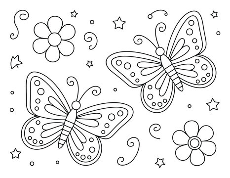Dibujos animados de mariposas y flores lindas para colorear