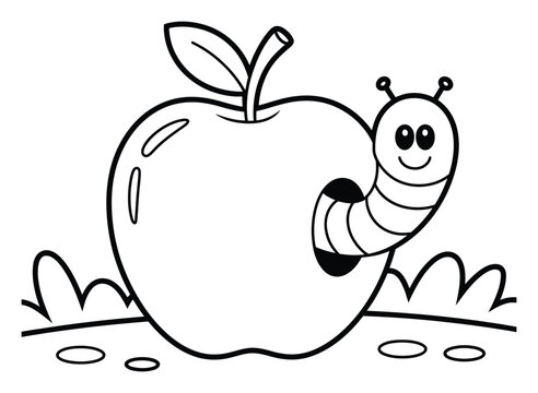 Dibujo para colorear de una linda manzana de dibujos animados con un gusano amigable para ni&ntilde;os