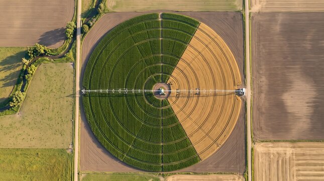 Aerial view of a circular crop field with a center pivot irrigation system