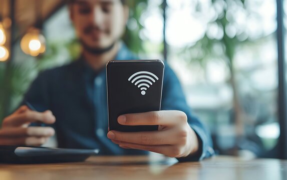 Man using smartphone with wifi icon on screen, blurred background.