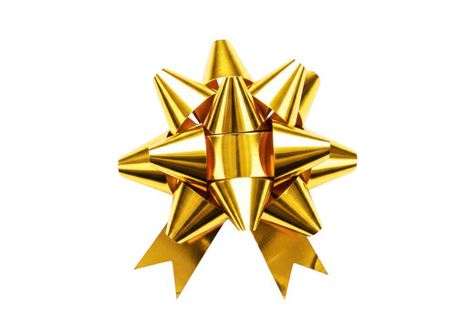 Golden ribbon bow decoration for gift wrapping and festive occasions, shiny metallic material creating elegant accent for presents and celebrations.