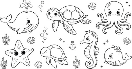 Obraz premium Cute Sea Animal and Ocean Life Icon Set with Whale Sea Turtle Octopus Seahorse and Starfish Coloring Book Elements