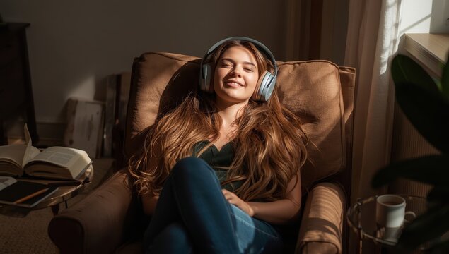 At home, a young woman in headphones enjoys an audiobook while seated by the window in an armchair.