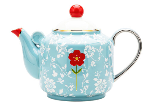 Decorative blue teapot with floral pattern, red flower accent, white lid and gold trim, kitchenware for serving tea, ceramic object, isolated background.