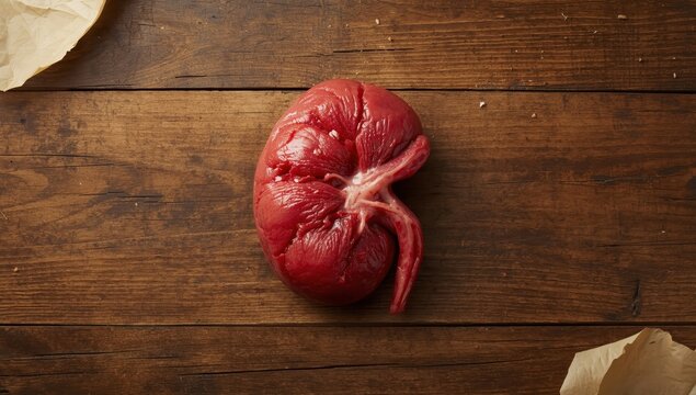 Unprocessed beef kidney on a butcher's table. White backdrop.