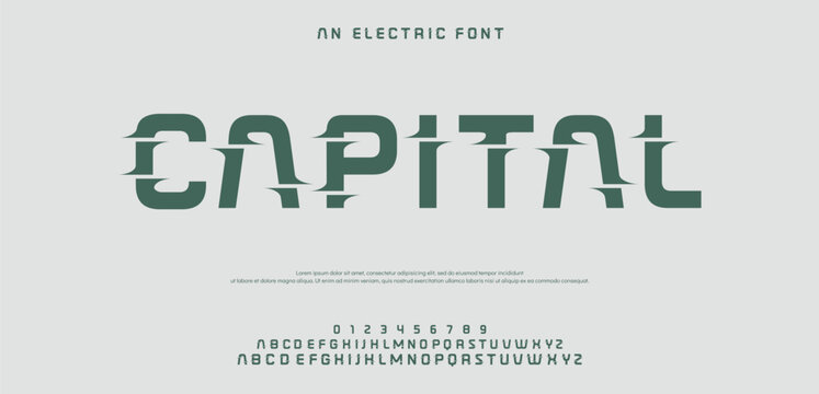 CAPITAL Futuristic ancient modern techno sci fi display font, abstract geometric stencil expanded alphabet, clean monospaced letter set ares typeface 