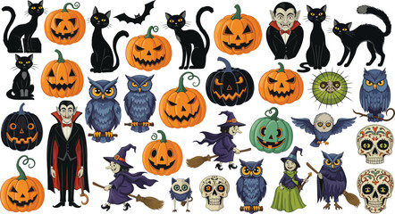 Fototapeta premium A large collection of hand drawn halloween elements featuring scary pumpkins black cats vampires witches owls and spooky skulls