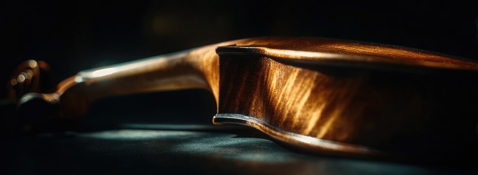 Close-up of a wooden stringed musical instrument, showcasing its curved body and neck, with artistic lighting